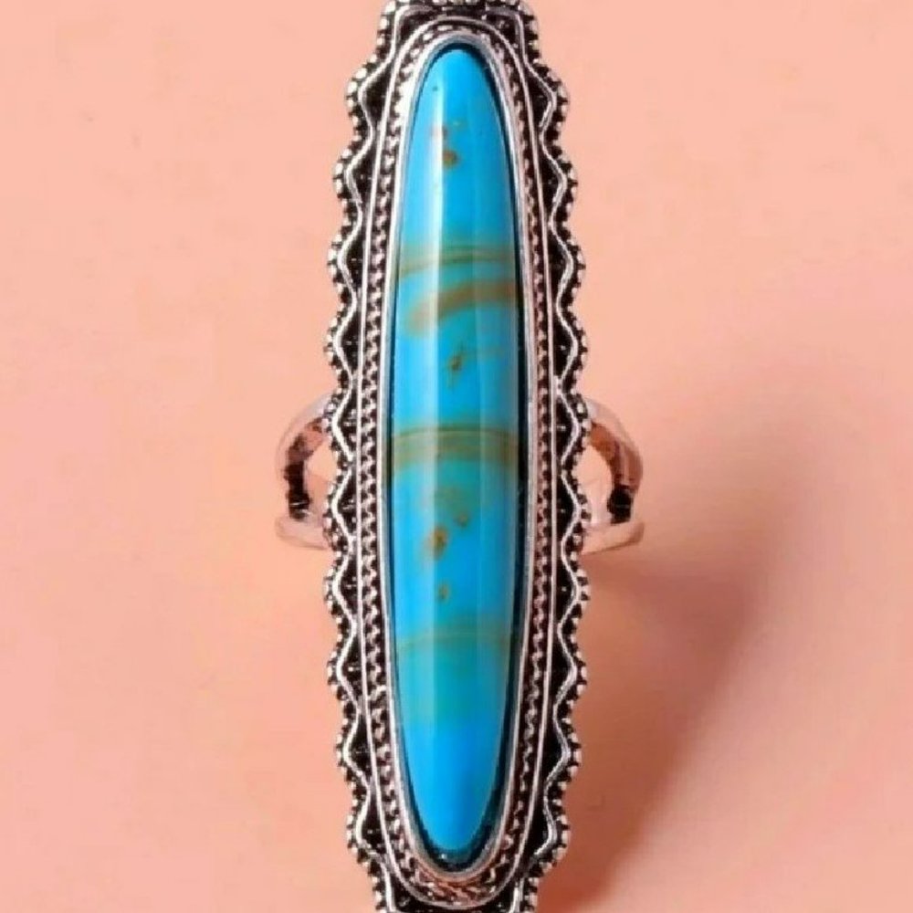 Long Vintage Blue Turquoise Antique Silver Ring - Picture 7 of 9